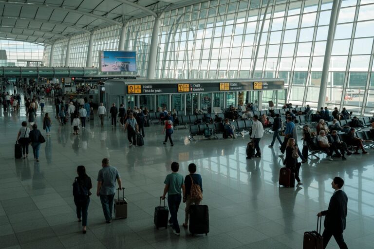 Busy airport terminal with travelers pulling luggage past check-in counters under signage and large glass walls.