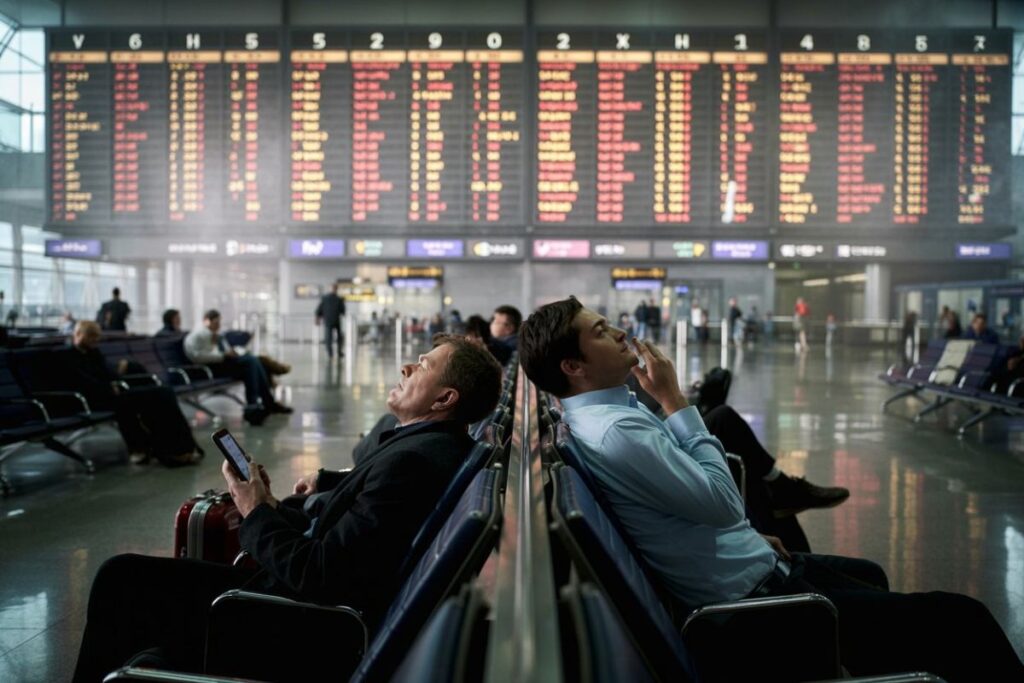 Passengers wait in an airport terminal beneath a large flight information board; two men sit in the foreground, one using a phone and the other leaning back.