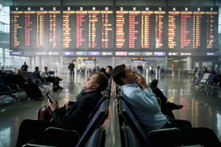 Passengers wait in an airport terminal beneath a large flight information board; two men sit in the foreground, one using a phone and the other leaning back.