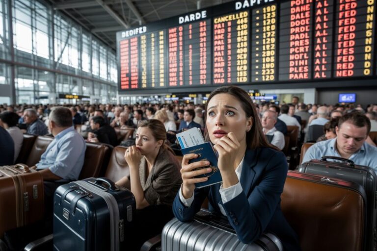 An anxious woman in a blue blazer sits among suitcases at a crowded airport, holding passports and tickets with a large departure board behind herout of focus.