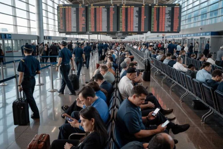 Busy airport terminal with passengers seated and standing under large flight information boards above.