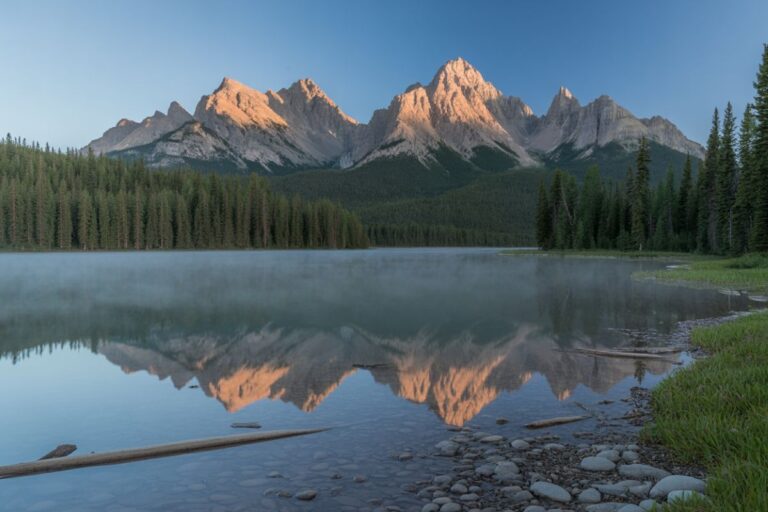 Jagged mountain peaks reflected in a calm alpine lake, with a pine forest along the shore and a pebble beach in the foreground.