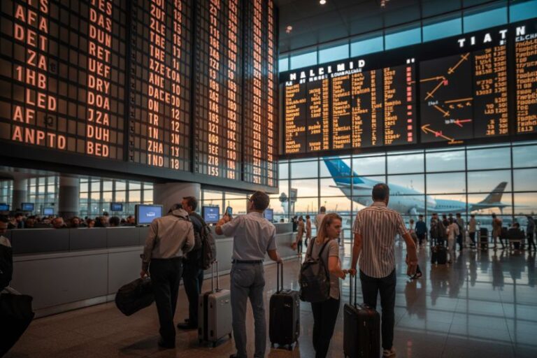 People with suitcases at a busy airport terminal under large flight information boards in the background.