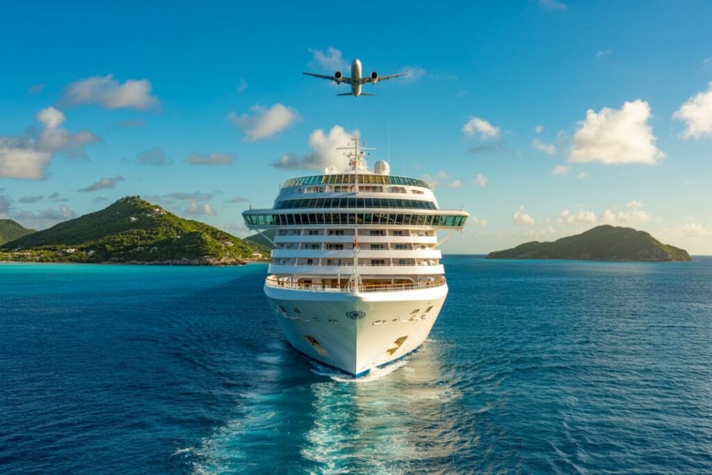 Front view of a large white cruise ship approaching through clear blue water with green islands in the background; a plane flies overhead.