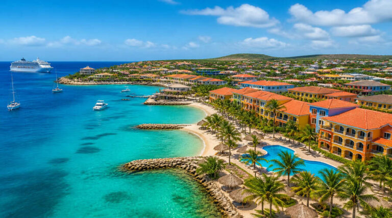 Aerial view of a tropical resort with orange-roofed buildings, palm trees, a curved sandy beach, and a turquoise bay with a cruise ship offshore.
