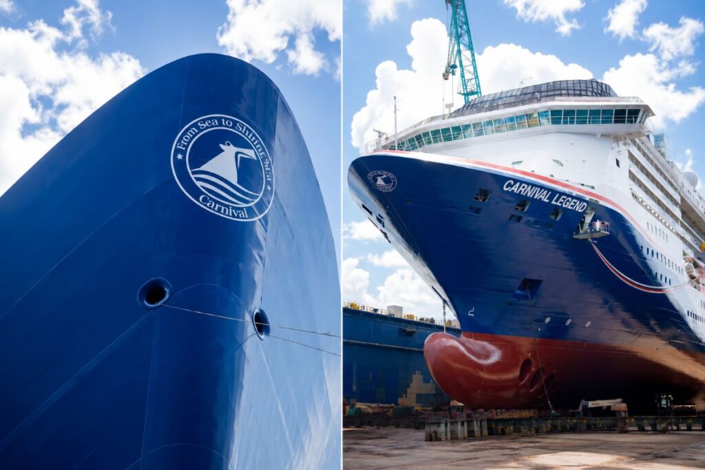 Split view of two blue cruise ships: left shows the bow with a circular Carnival logo; right shows the bow and hull of the Carnival Legend in dry dock under a blue sky.