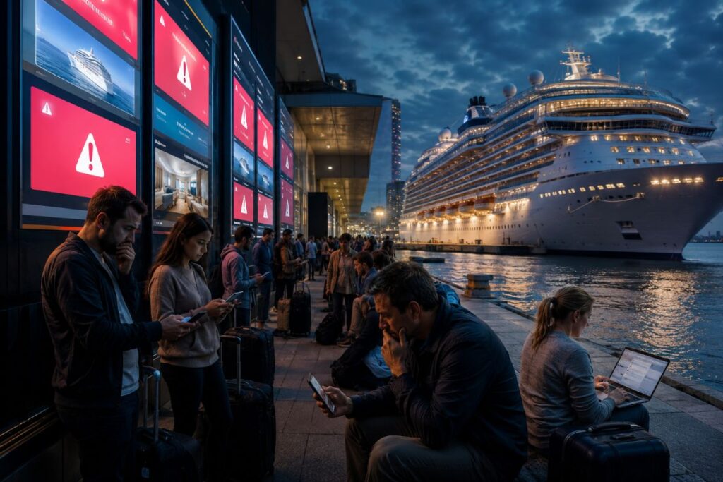 Passengers with suitcases waiting along a pier at dusk as a massive cruise ship docks nearby with bright red screens on a wall beside them.