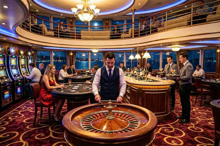 Waiter in a vest stands at a roulette table in a luxurious casino with patrons at surrounding tables and a balcony above.
