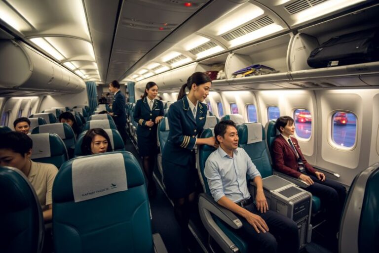 Flight attendant assists a man seated in a modern airplane cabin with teal seats and overhead storage options nearby.