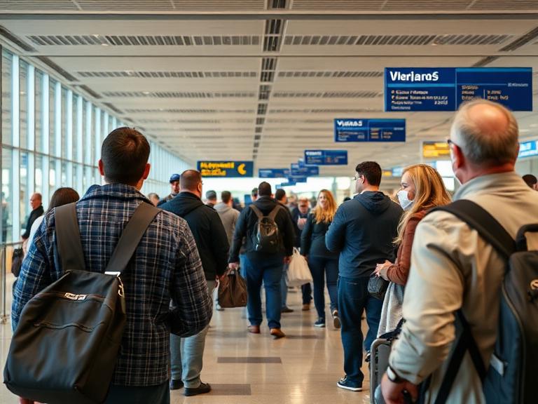 Crowded airport terminal with travelers standing in line under blue overhead signs.