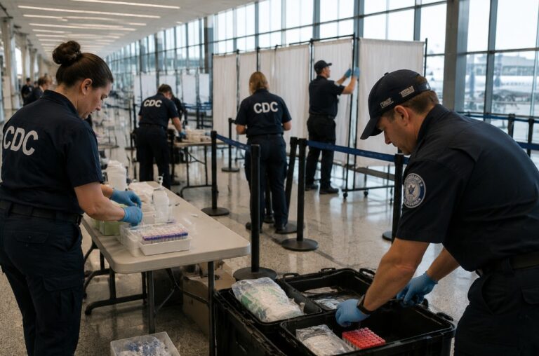 CDC staff in navy uniforms sorting medical supplies at a processing table in a large, sunlit facility