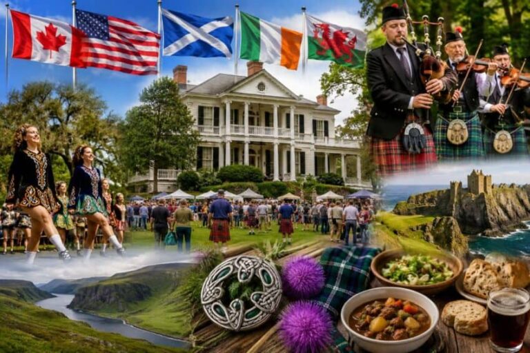 Collage showing a multicultural festival: flags (Canada, US, Scotland, Ireland, Wales), bagpipers in kilts, dancers, a crowd at a grand mansion, scenic landscapes, and bowls of stew with bread.