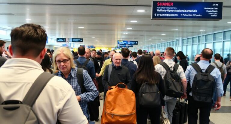 Crowded airport terminal with travelers standing in lines, many wearing backpacks; an orange backpack is visible in the foreground.