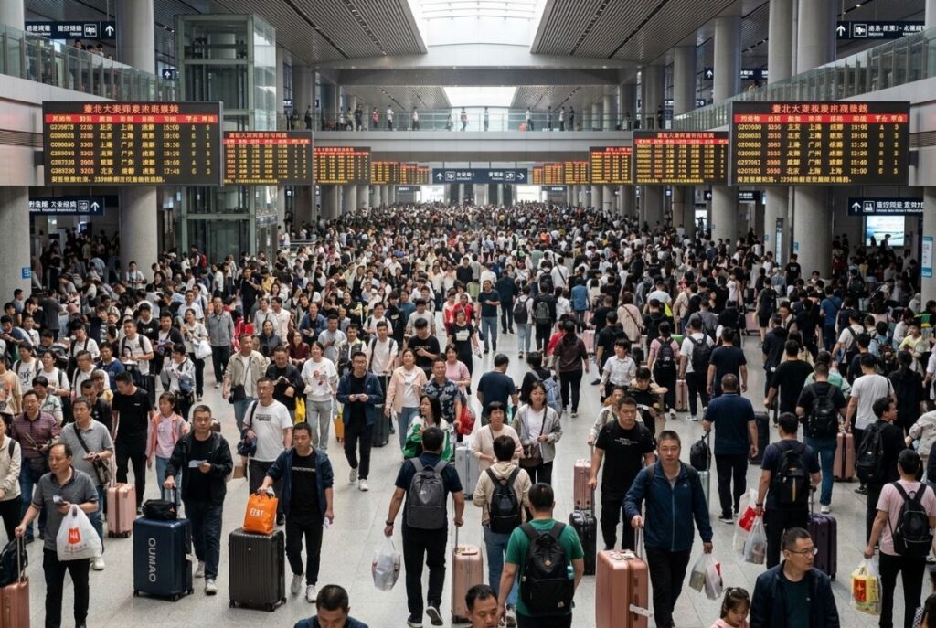 Crowded railway station concourse with travelers pulling suitcases and bags; electronic departure boards overhead in Chinese signage.