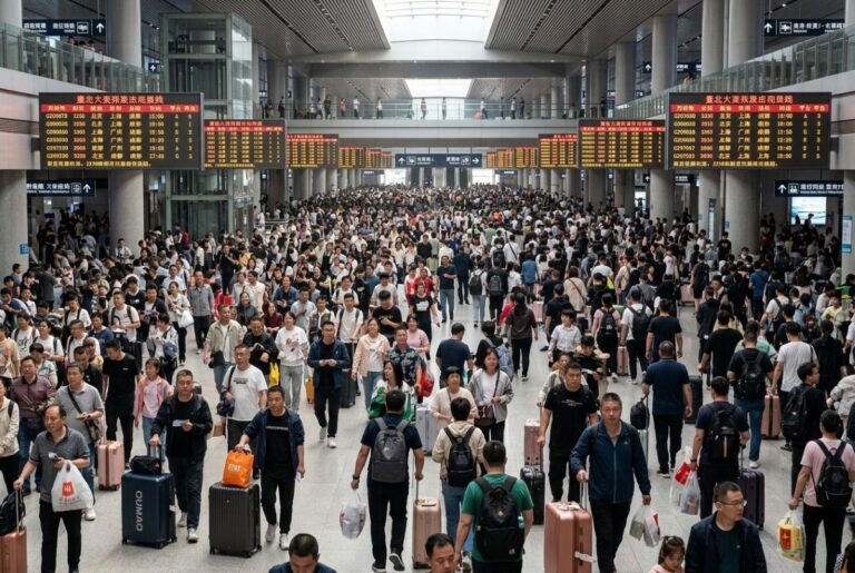 Crowded railway station concourse with travelers pulling suitcases and bags; electronic departure boards overhead in Chinese signage.