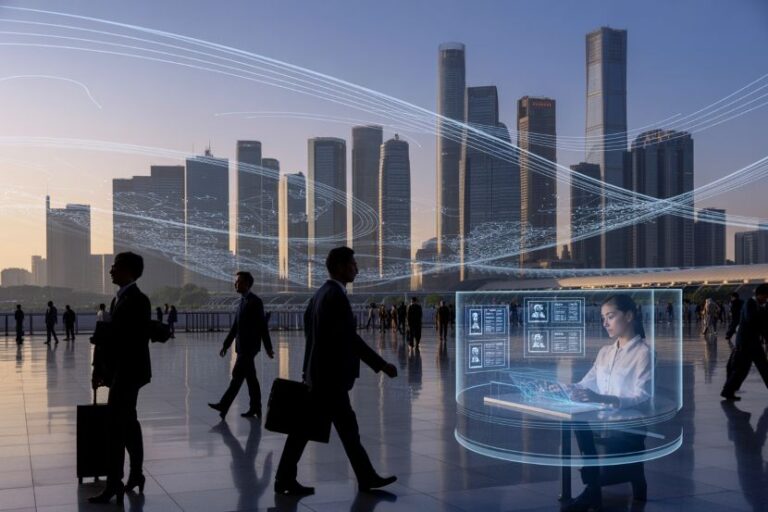 Businesspeople walk across a reflective plaza in a futuristic city as a glowing circular holographic data desk displays information.