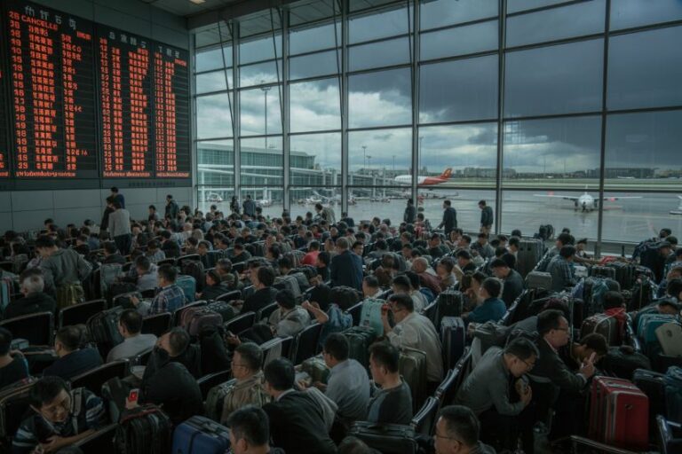 Busy airport departure lounge filled with passengers and stacked luggage, with a large red flight board on the left and planes outside the windows at the gate area.