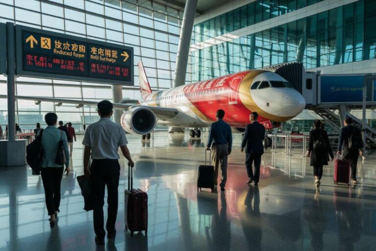 Passengers with rolling luggage walk toward a red airplane at a modern terminal gate.