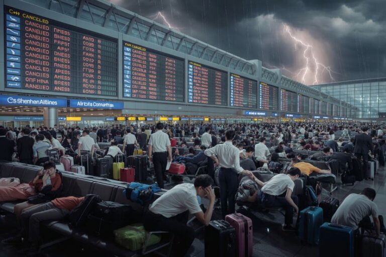 Crowded airport terminal with passengers and luggage, standing and sitting beneath large flight information boards as a thunderstorm rages outside.