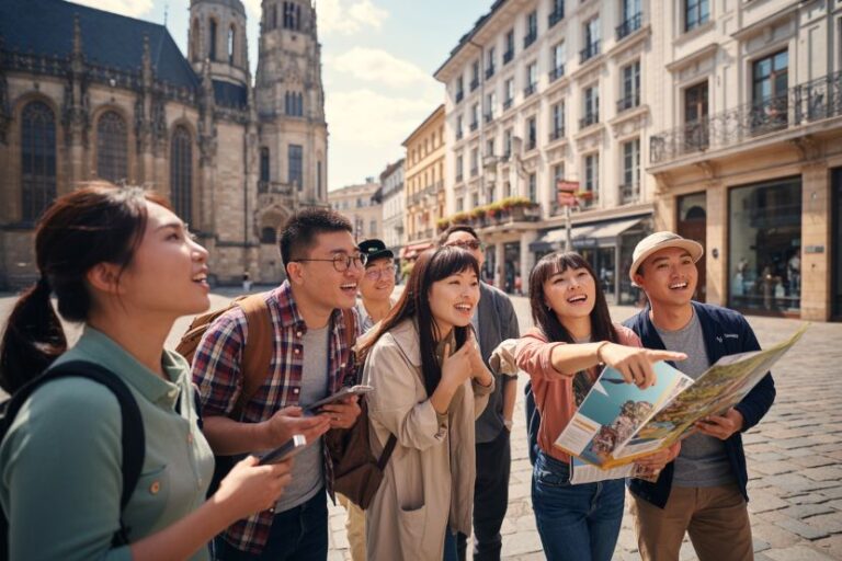 Group of diverse young adults smiling and looking at a travel brochure as they explore a historic city.