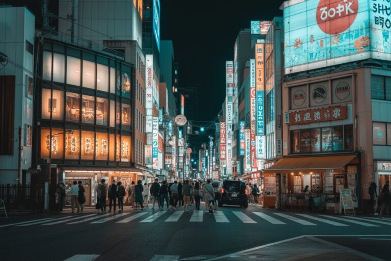 Nighttime city street with neon signs and storefronts lining both sides; pedestrians cross a zebra crosswalk under glowing billboards.
