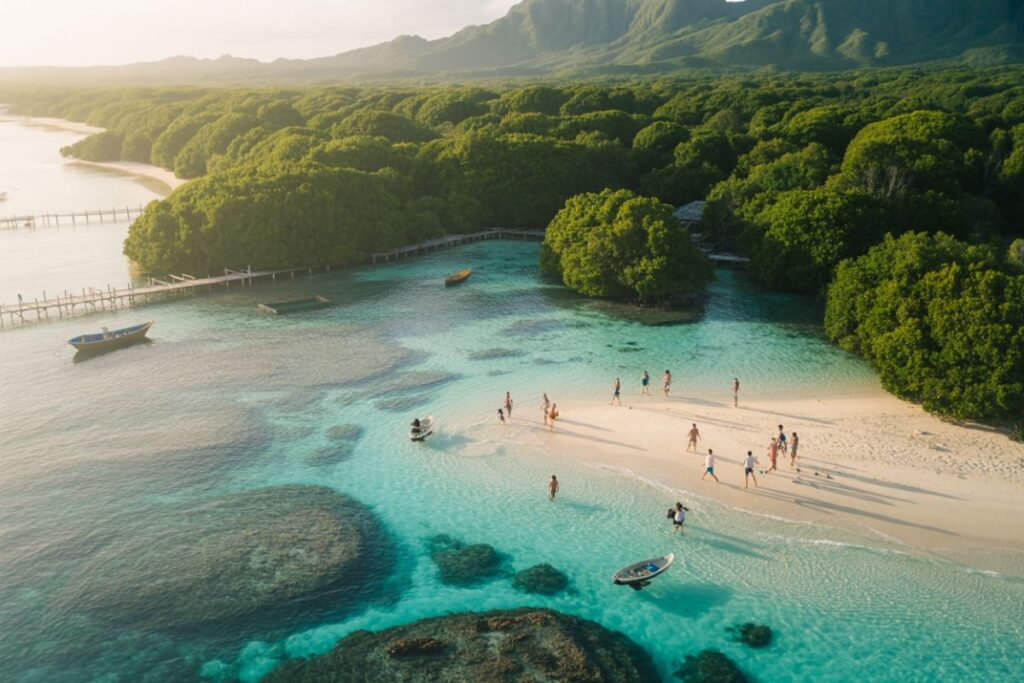 Tropical beach with turquoise water and white sand, people near the shore, backed by mangrove forest and distant mountains in sunlight.