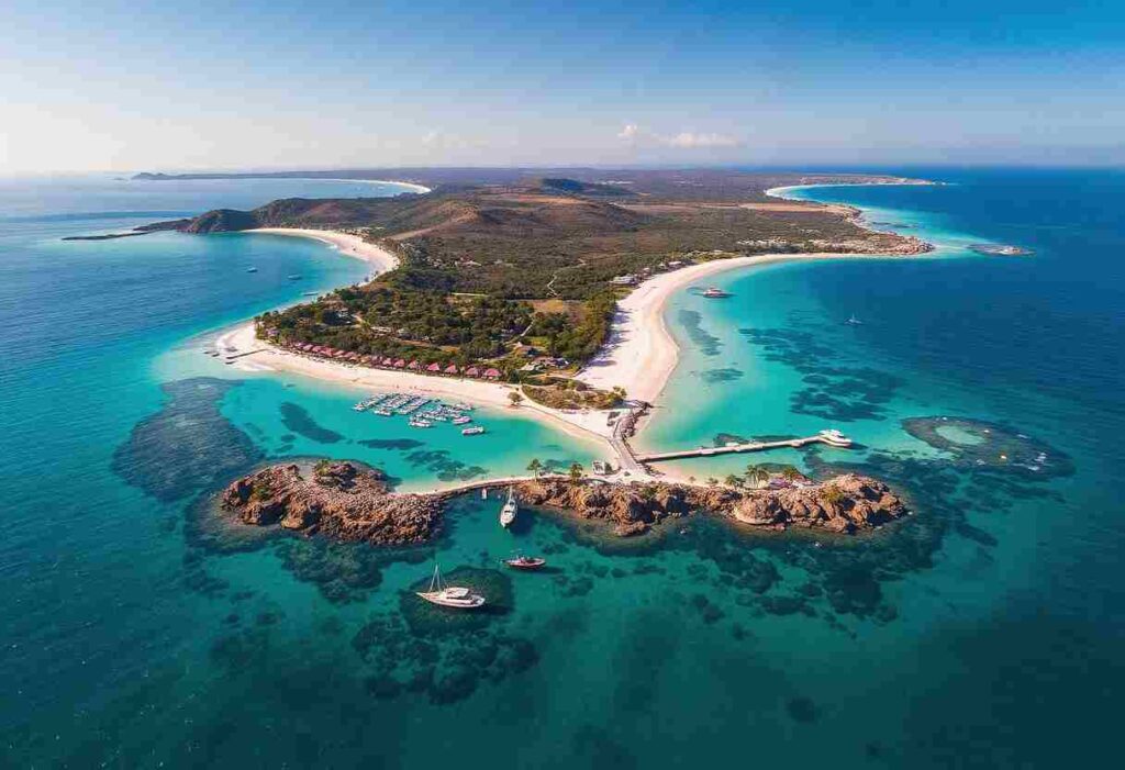 Aerial view of a tropical island peninsula with white-sand beaches, turquoise water, and boats near rocky outcrops.