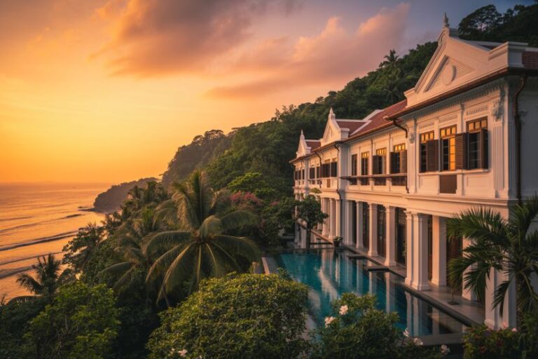 Sunset over a white colonial hotel with a turquoise pool, palm trees, and a hillside overlooking the ocean.
