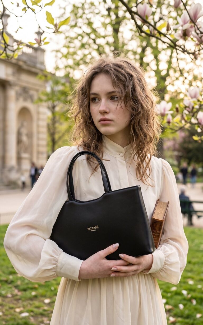 Young woman in a cream dress stands in a park, holding a black handbag and a brown book outdoors in springtime.
