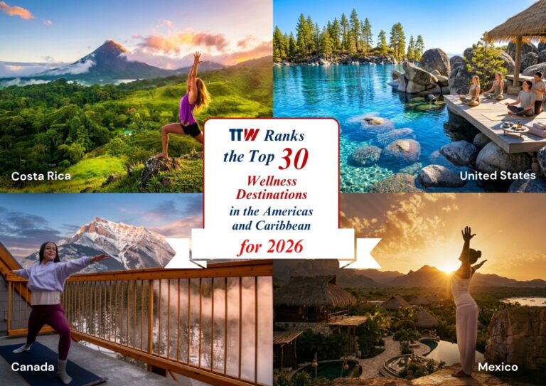 Collage promoting wellness destinations, showing landscapes and people doing yoga in Costa Rica (top-left), United States lake retreat (top-right), Canada yoga on a balcony with mountains (bottom-left), and Mexico sunset wellness scene (bottom-right) with center title card ‘Top 30 Wellness Destinations in the Americas and Caribbean for 2026’.