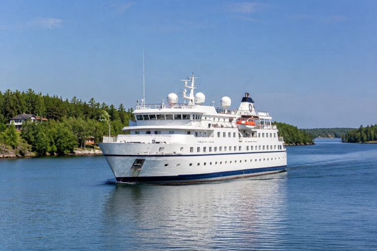Large white luxury yacht cruising on calm blue water with a forested shoreline