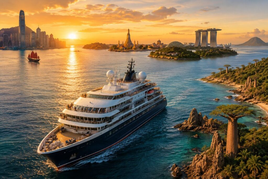 Large white cruise ship sailing near tropical islands at sunset, with a distant city skyline visible on the left.