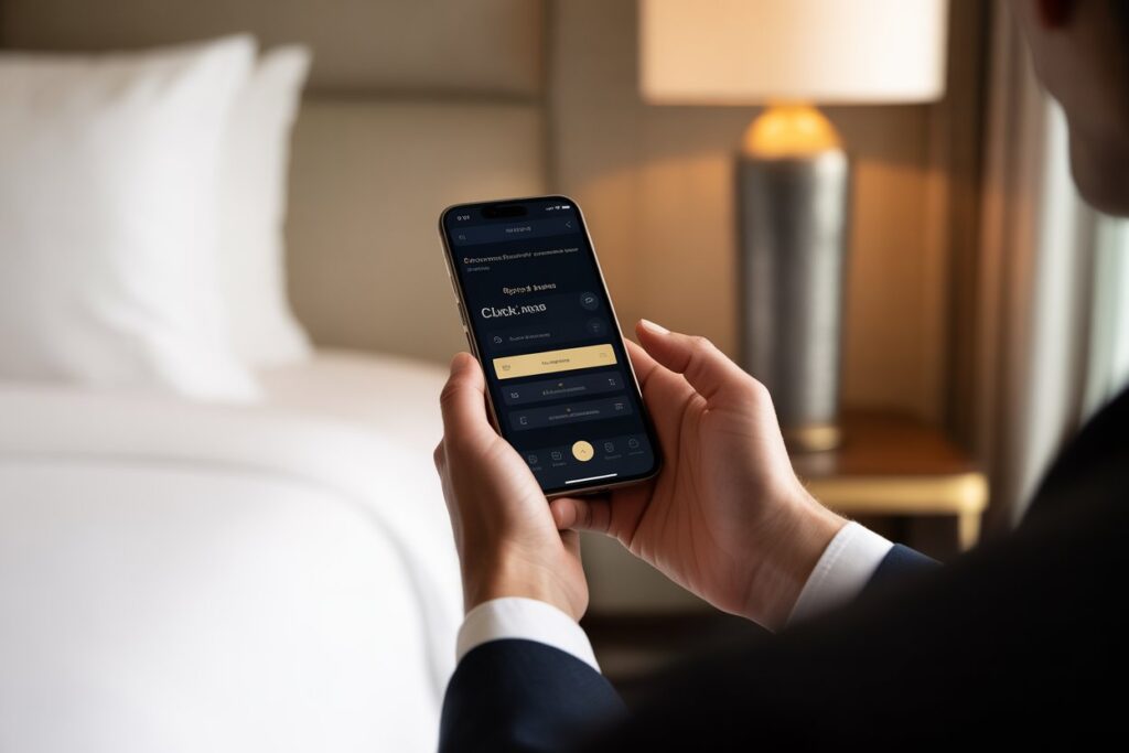 Businessperson holds a smartphone with a dark app interface, shown in a hotel room at night with a lamp in the background.