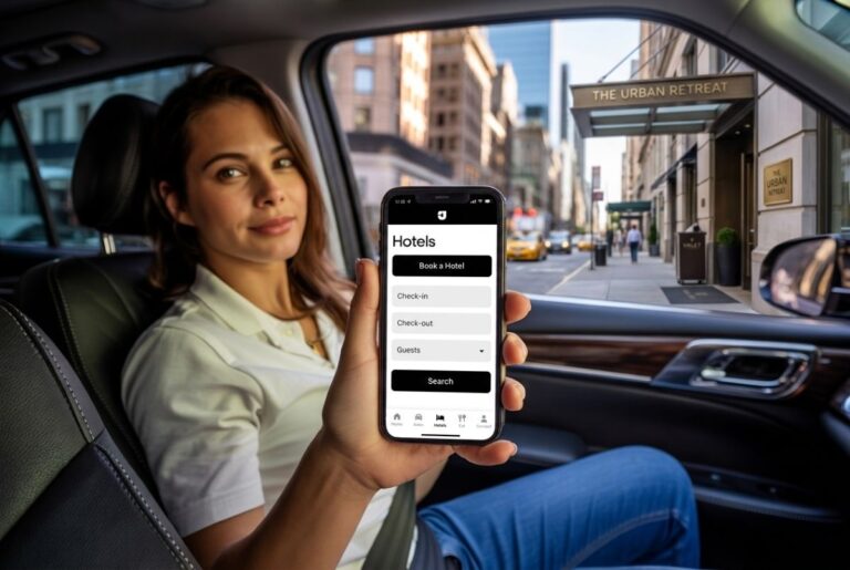 Woman in a car holding a smartphone that shows a hotel booking app with check-in/check-out fields, city street outside the window.
