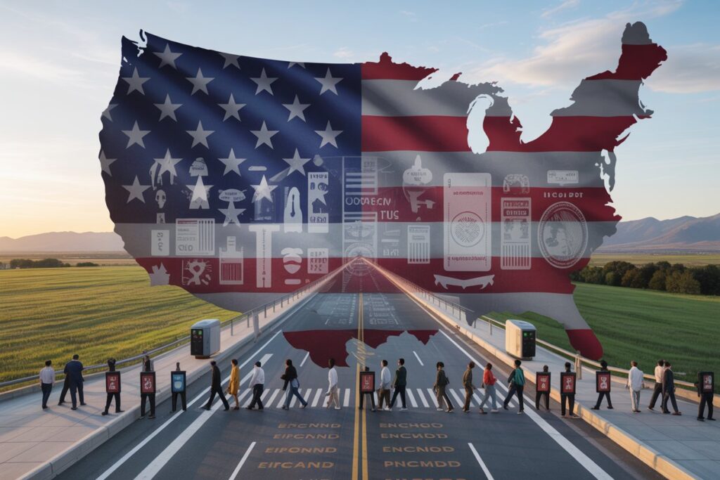 United States map silhouette filled with the American flag over a highway crossing by a diverse group of pedestrians on a sunny day field backdrop.