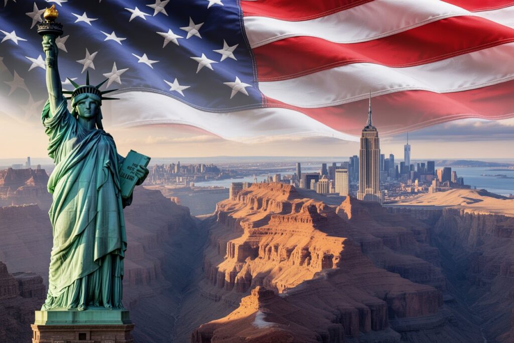 Statue of Liberty in the foreground with a large waving American flag and a distant desert canyon and New York City skyline.