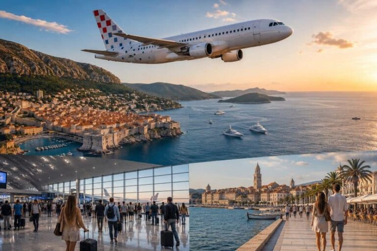 Collage of travel scenes: plane over a coastal town at sunset, a busy airport interior, and a couple walking along a harbor promenade.
