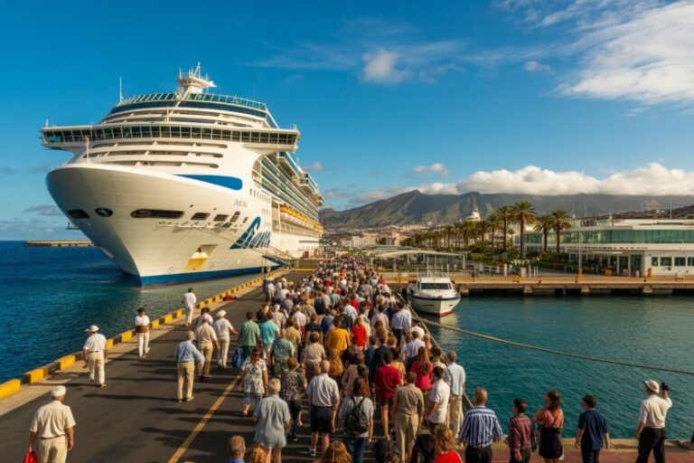 Crowd of passengers walking along a dock toward a large cruise ship at a sunny port.