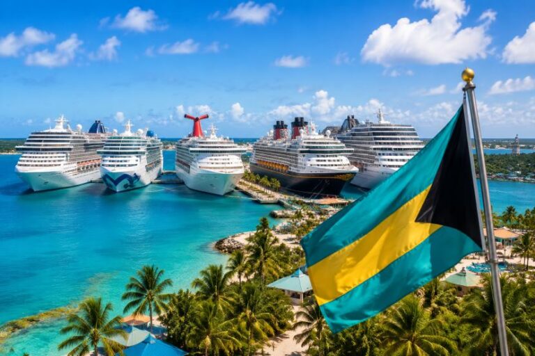 Cruise ships docked at a tropical Caribbean port with turquoise water, palm trees, and a Bahamas flag in the foreground.