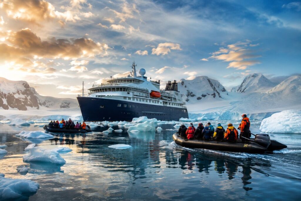 Large navy-blue expedition cruise ship in icy Arctic waters, with two inflatable boats carrying passengers in orange jackets nearby, snow-covered mountains in the background.