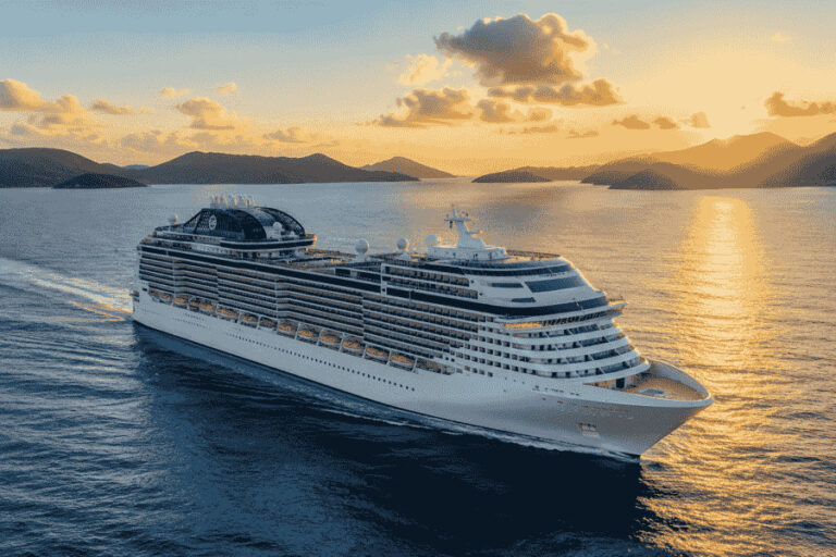 Large cruise ship sailing on calm sea at sunset with distant mountains on the horizon