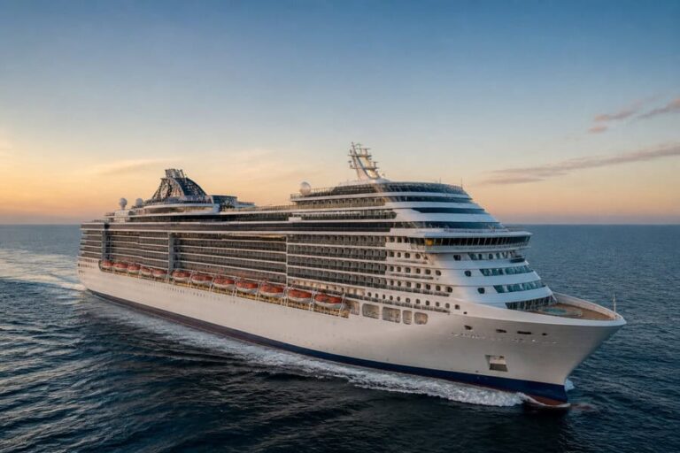 Large white cruise ship sailing on calm ocean at sunset with orange lifeboats along the side