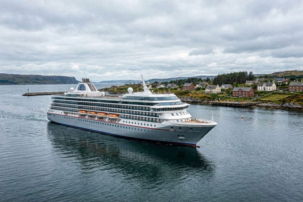 Large white cruise ship near a rocky coastline with a small village and hills in the background, calm water around it.
