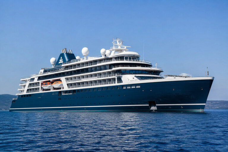 Large blue-and-white cruise ship on calm sea with multiple decks and lifeboats visible on the side.