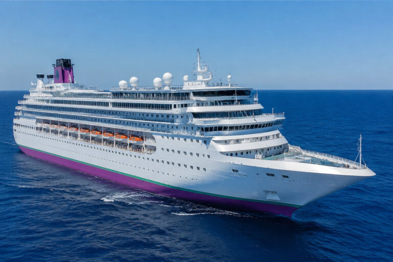 Large white cruise ship sailing on calm blue sea with multiple decks and orange lifeboats visible along the side.