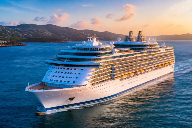 Large white cruise ship sailing in blue water near a hilly coastline at sunset