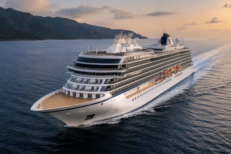 Large cruise ship sailing on calm blue waters near a rocky coastline at sunset, white hull gleaming.