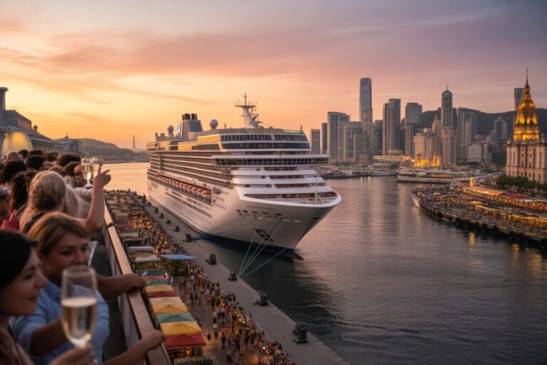 Sunset harbor with a massive cruise ship moored at the dock, crowds on the promenade to the left raising glasses as the city skyline glows in the background.