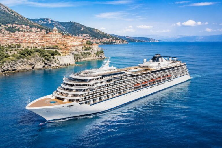 Large white cruise ship anchored near a rocky coastline with a coastal town and hills in the background; blue sea and sky above.