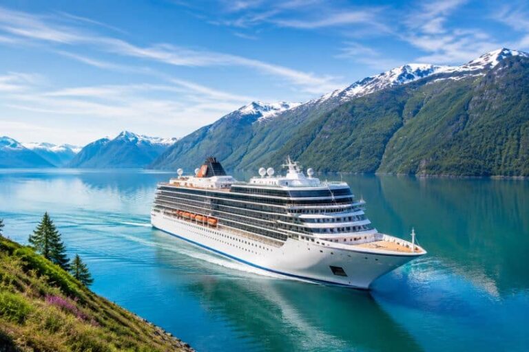 Large white cruise ship sailing through a calm blue fjord with snow-capped mountains and green slopes on the shore.